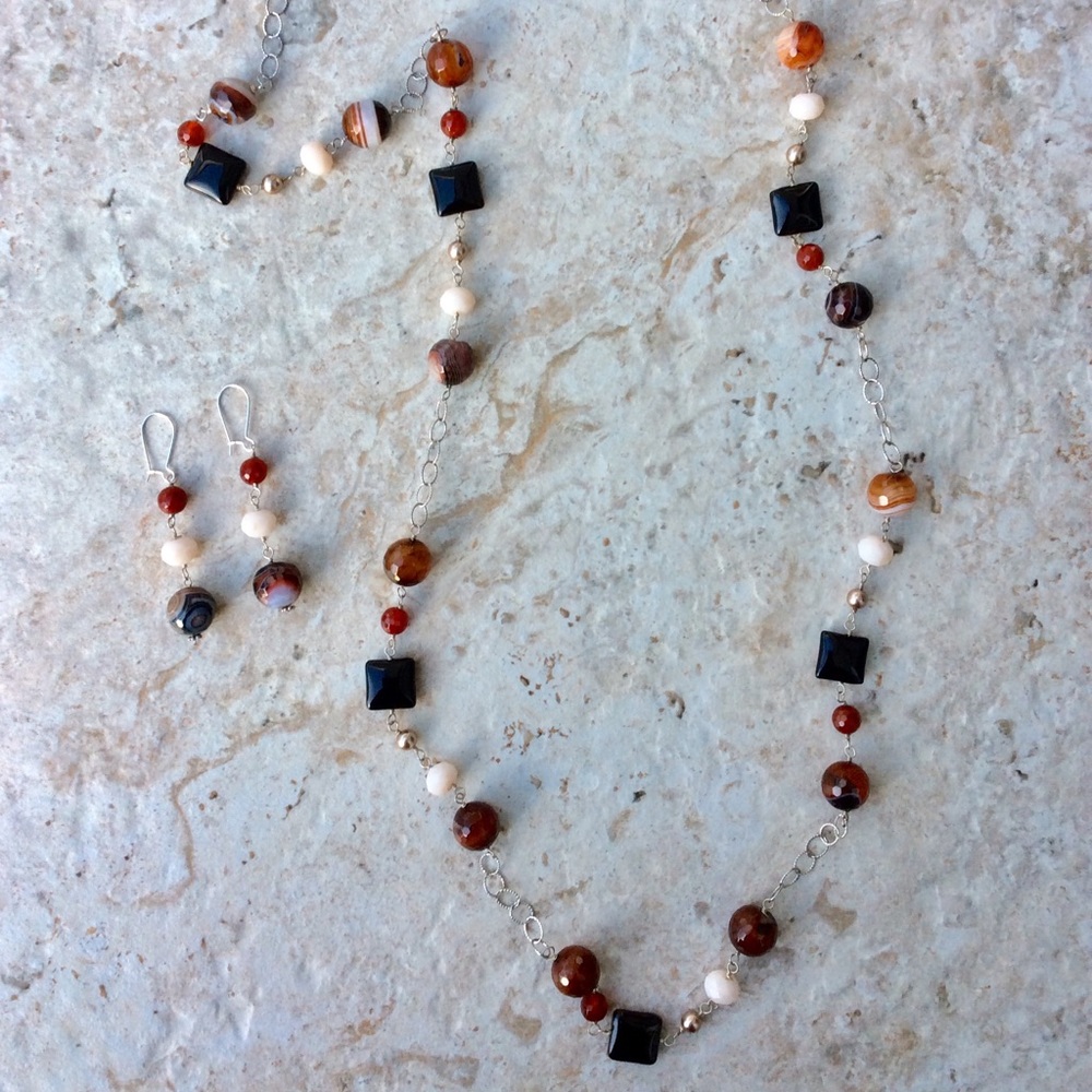 Sterling Silver Agate Stone Necklace Set